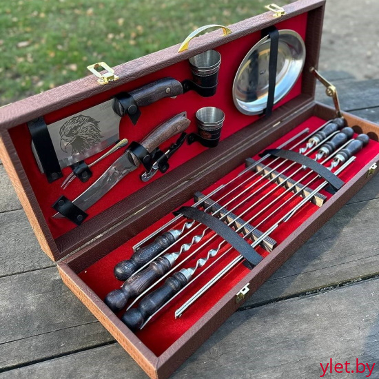 Набор с шампурами для шашлыка в чемодане VIP, 16 предметов, коричневый 1008 Кизляр