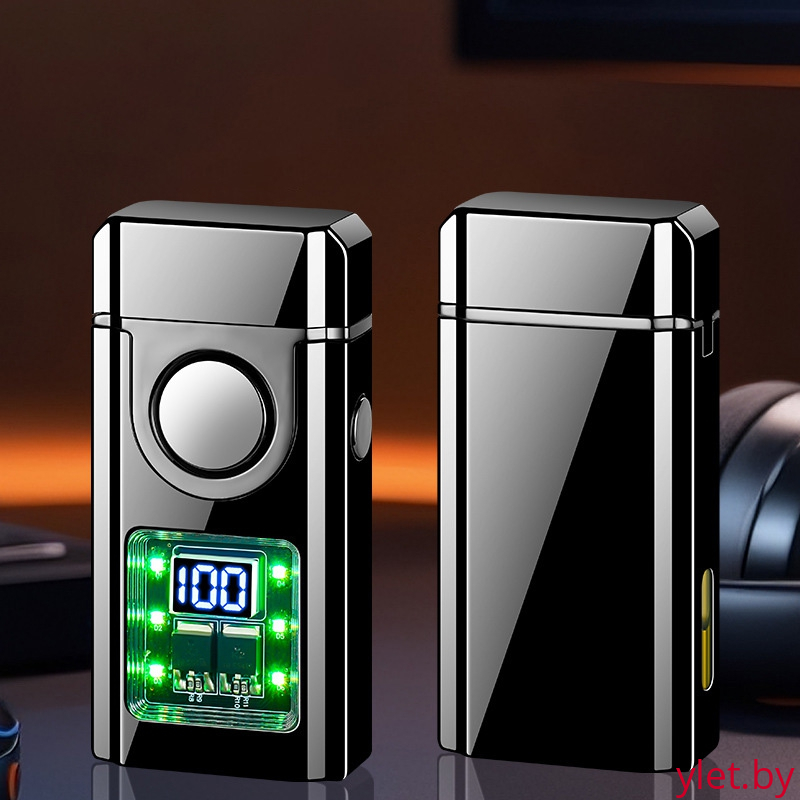 Зажигалка импульсная+турбо газ+обычное пламя со световым экраном и окном заполнения, кнопка посередине, Черная глянцевая