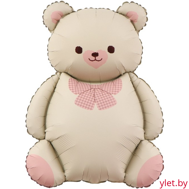 Шар (35''/89 см) Фигура, Мишка с бантом, Бежевый/Розовый