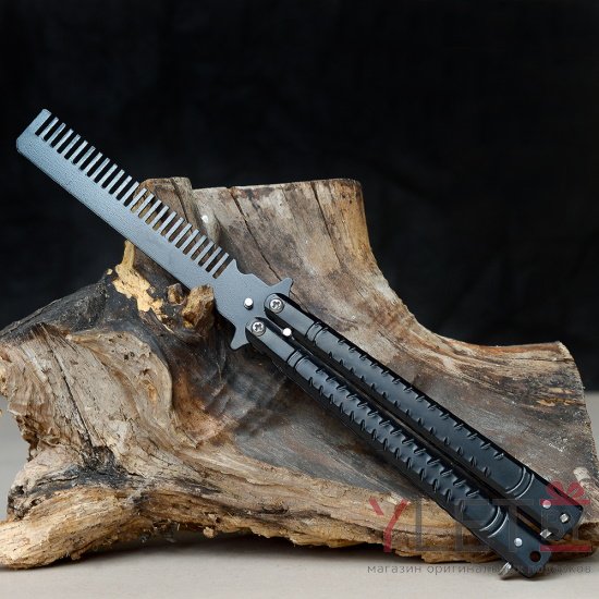 Нож бабочка тренировочный с расческой черный Засечки