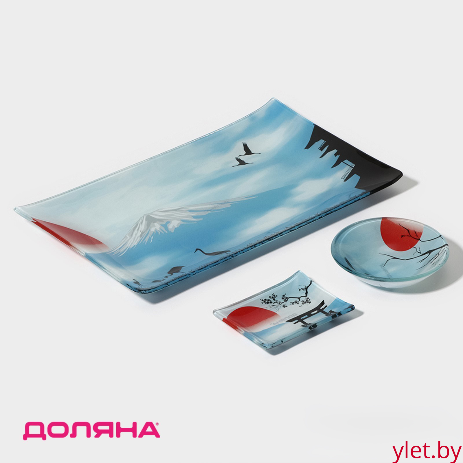 Набор для суши из стекла «Журавль», 3 предмета: соусники 8×2 см, 8×6 см, подставка 25×15×2 см