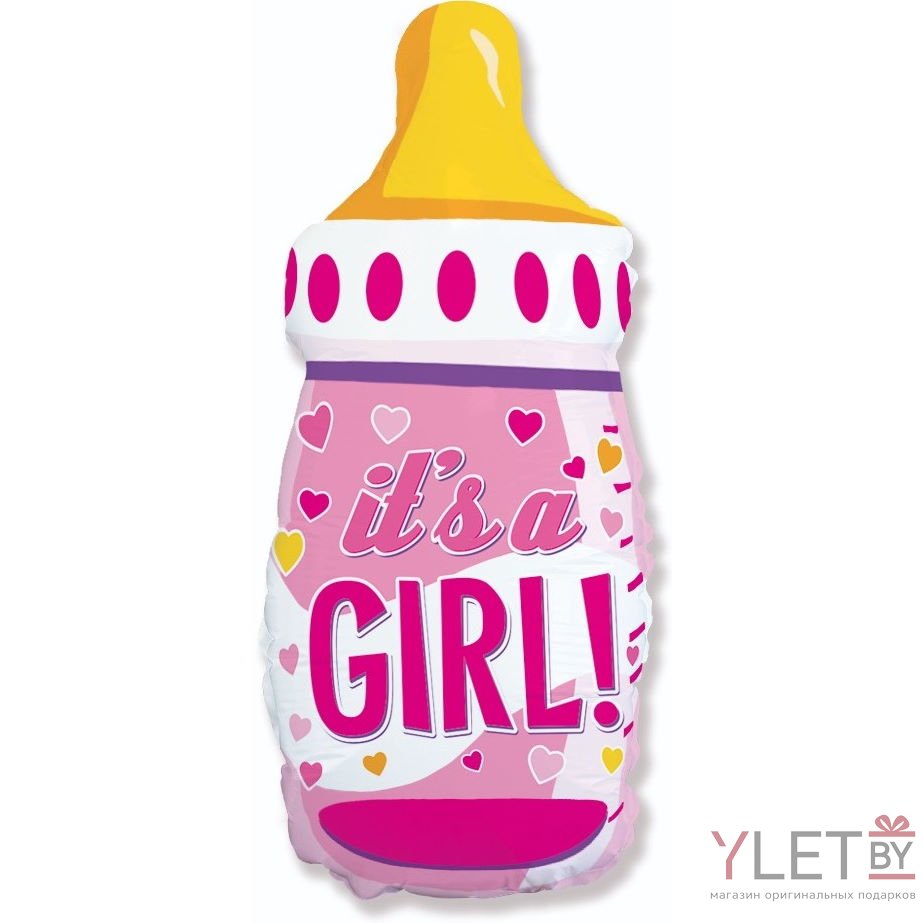 Шар (31''/79 см) Фигура, Бутылочка для девочки (сердечки), Розовый