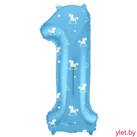 Шар (40''/102 см) Цифра, 1, Лошадки, Голубой