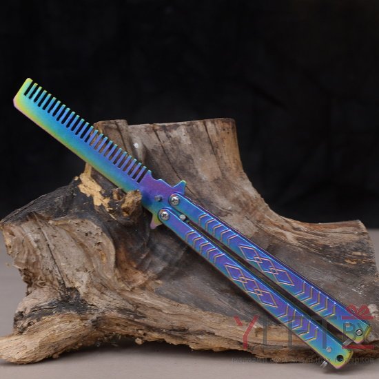 Нож бабочка тренировочный с расческой хамелеон Узор ромбы