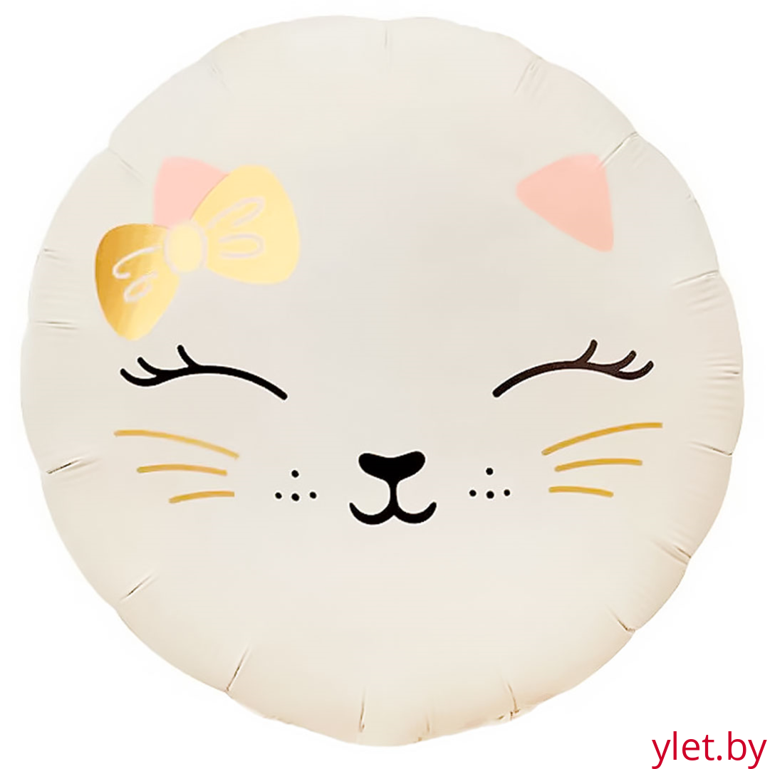 Шар (18''/46 см) Круг, Кошечка с бантом, Кремовый, Сатин