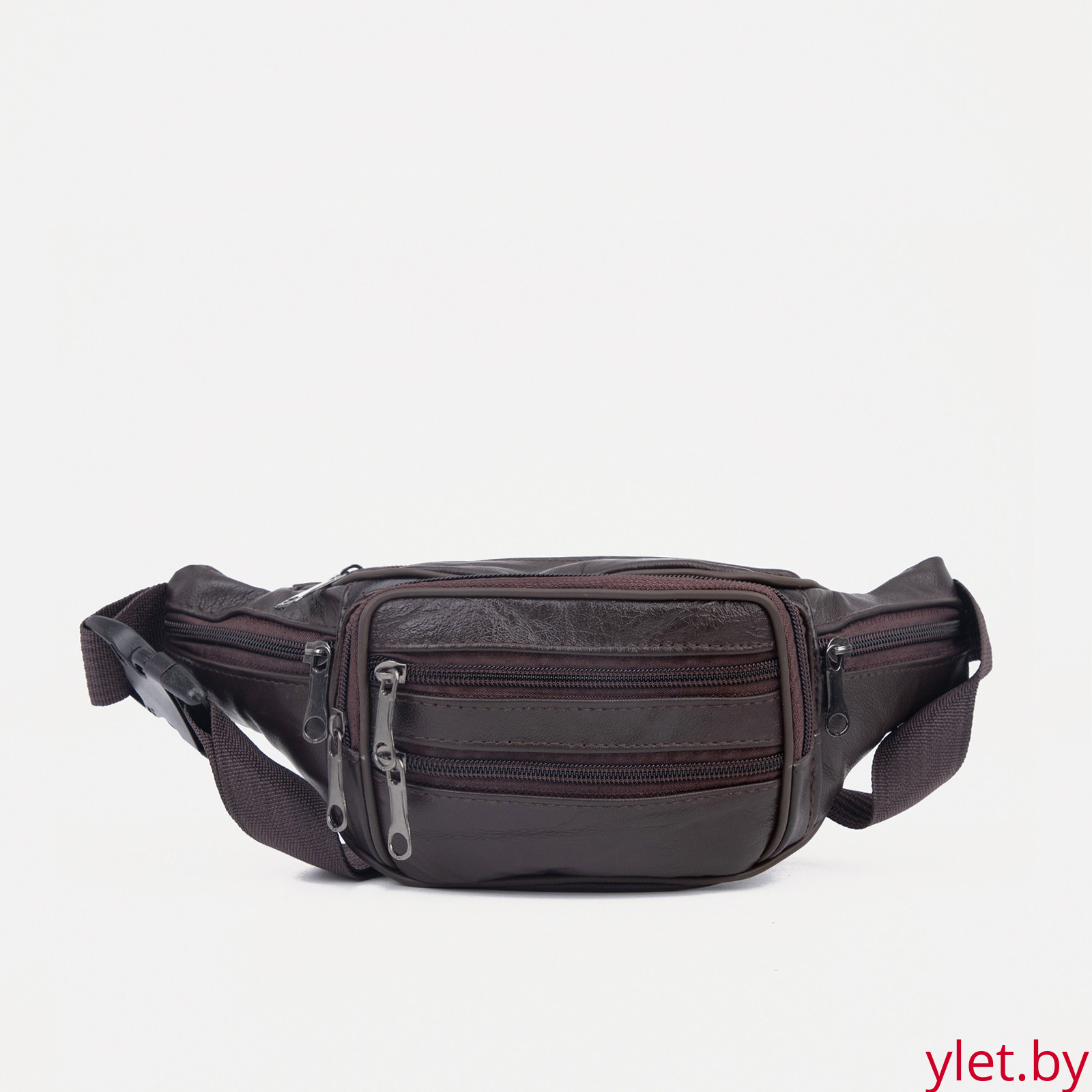 Сумка поясная "Престиж" на молнии, 22*6*12 см, 5 наружных карманов, коричневый