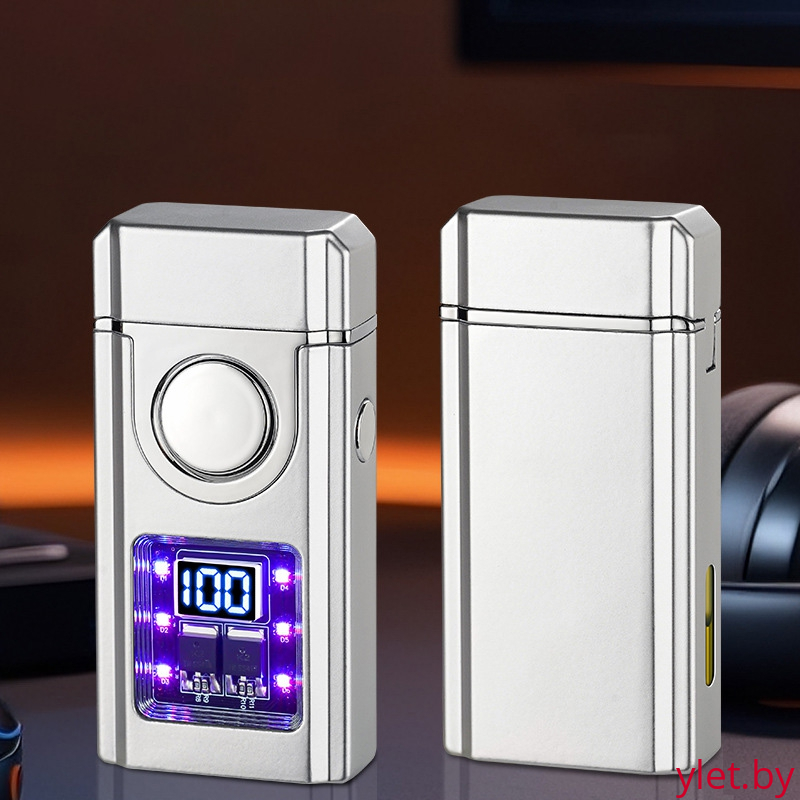 Зажигалка импульсная+турбо газовая+обычное пламя со световым экраном и окном заполнения, Серебро