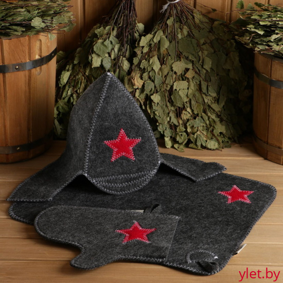 Набор для бани Буденовец. Шапка, коврик, рукавица. Серый