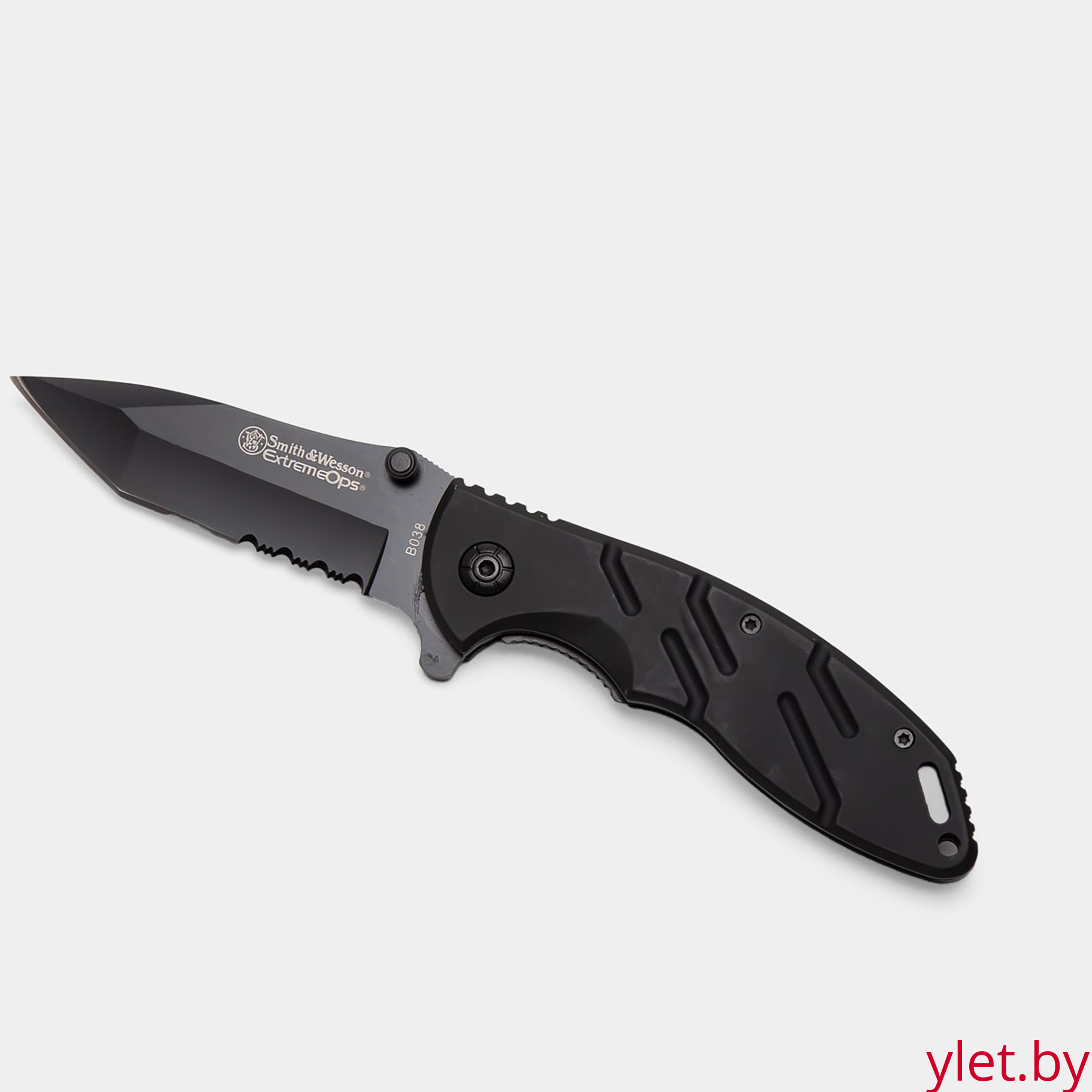 Нож складной черный со стропорезом 20 см