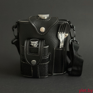 Набор походный 4 предмета черный (фляжка 530 мл, фляжка 120 мл, вилка, ложка, ремень для переноски)