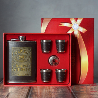Набор фляжка и стопки Jack Daniels с табличкой, Темный коричневый