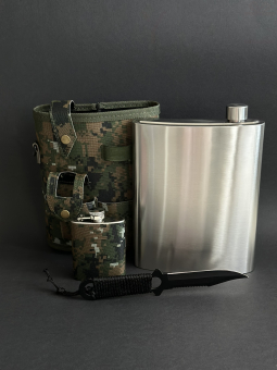 Набор походный 4 предмета камуфляж (фляжка 1,4 литра, фляжка 120 мл, нож, ремень для переноски)