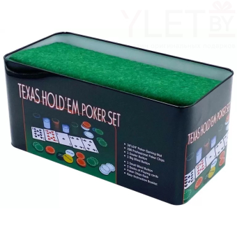 Набор для покера Texas Holdem 200 фишек с номиналом в металлической коробке