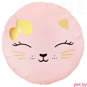 Шар (18''/46 см) Круг, Кошечка с бантом, Розовый, Сатин