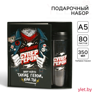 Подарочный набор: ежеднкевник в твердой обложке А5, 80 л. И термостакан 350 мл «Супер герою»