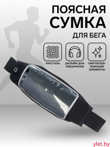 Сумка поясная "Бест" на молнии, 24*0,3*10 см, светоотражающие элементы, черный