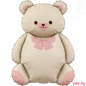 Шар (35''/89 см) Фигура, Мишка с бантом, Бежевый/Розовый