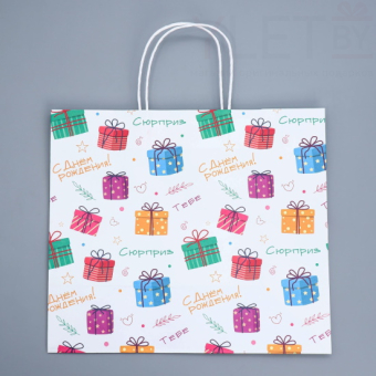 Пакет крафтовый Подарки 32 × 28 × 15 см