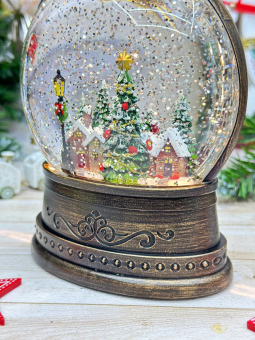 Снежный шар с подсветкой музыкальный Ретро фонарь круглый плоский "Заснеженный город" d = 15 см, высота 22 см