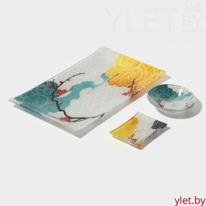 Набор для суши из стекла «Абстракция», 3 предмета: соусники 8×2 см, 8×6 см, подставка 25×15×2 см