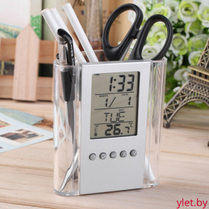 Подставка для канцтоваров с часами, календарем и термометром