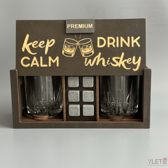 Набор для виски Premium “  keep calm drink whiskey ” (2 стакана + 6 камней + 2 подставки )