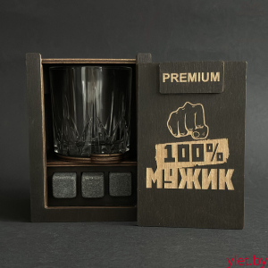 Набор для виски Premium «100% мужик, кулак» (cтакан + 3 камня)