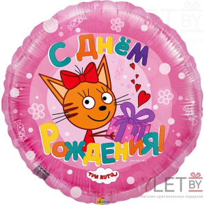 Шар (18''/46 см) Круг, С Днем рождения, Три Кота, Розовый