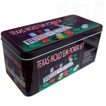 Набор для покера Texas Holdem 200 фишек с номиналом в металлической коробке