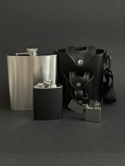Набор походный 4 предмета черный (фляжка 530 мл, фляжка 120 мл, зажигалка бензиновая, ремень для переноски)