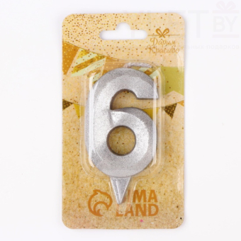 Свеча цифра 6 Грани, Серебро, 6.5 см