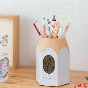 Подставка для канцтоваров музыкальная с часами, календарем и термометром (белый)