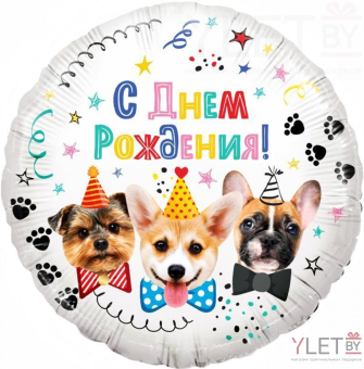 Шар (18''/46 см) Круг, Собачки, С Днем Рождения! 