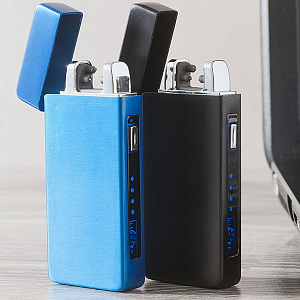 Импульсная зажигалка Lighter двойная с кнопкой индикатор сбоку (синяя) С ДЕФЕКТОМ