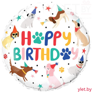 Шар (18''/46 см) Круг, С Днем Рождения (собачки в колпачках)