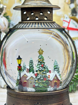 Снежный шар с подсветкой музыкальный Ретро фонарь круглый плоский "Заснеженный город" d = 15 см, высота 22 см