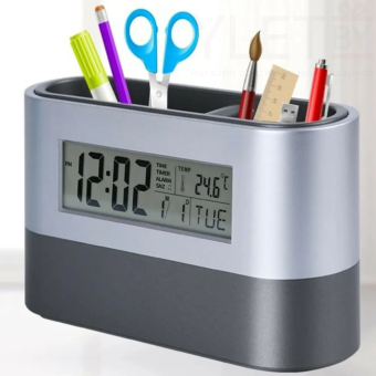 Подставка для канцтоваров двойная с часами, календарем и термометром