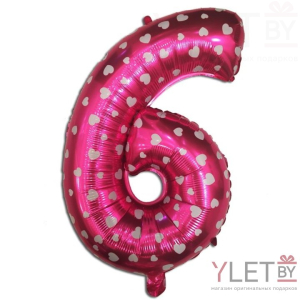 Шар (40″/102 см) Цифра, 6 Сердечки, розовый