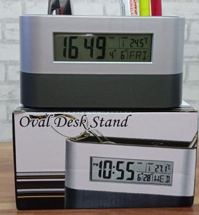 Подставка для канцтоваров двойная с часами, календарем и термометром