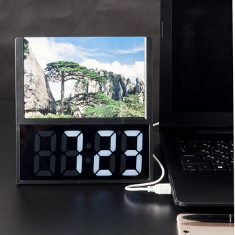 Настольные часы Led зеркальные с фоторамкой Черные