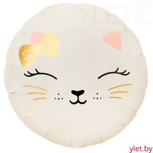 Шар (18''/46 см) Круг, Кошечка с бантом, Кремовый, Сатин