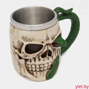 Кружка Череп с зеленой змеей (металл внутри)