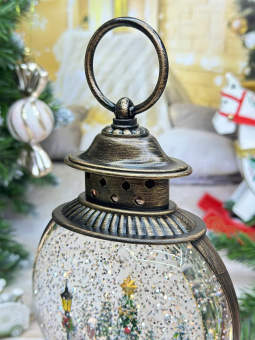 Снежный шар с подсветкой музыкальный Ретро фонарь круглый плоский "Заснеженный город" d = 15 см, высота 22 см