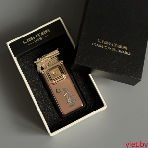 Зажигалка турбо газовая+обычное пламя Пистолет, бронза и черный матовый, эмблема волка