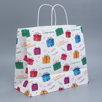 Пакет крафтовый Подарки 32 × 28 × 15 см