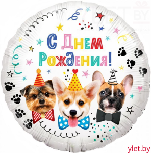 Шар (18''/46 см) Круг, Собачки, С Днем Рождения! 