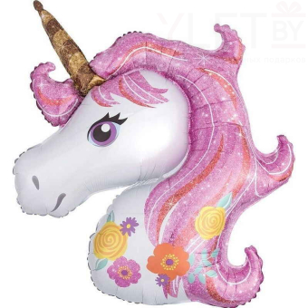 Шар (46"/117 см) Фигура, Голова Единорога, Розовый цветочный