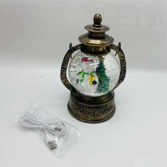 Снежный шар с подсветкой музыкальный Ретро фонарь круглый "Снеговик с подарком" d - 15 см, высота 22 см