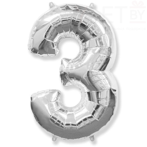 Шар (40''/102 см) Цифра, 3, Серебро