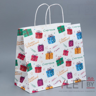Пакет крафтовый Подарки 32 × 28 × 15 см